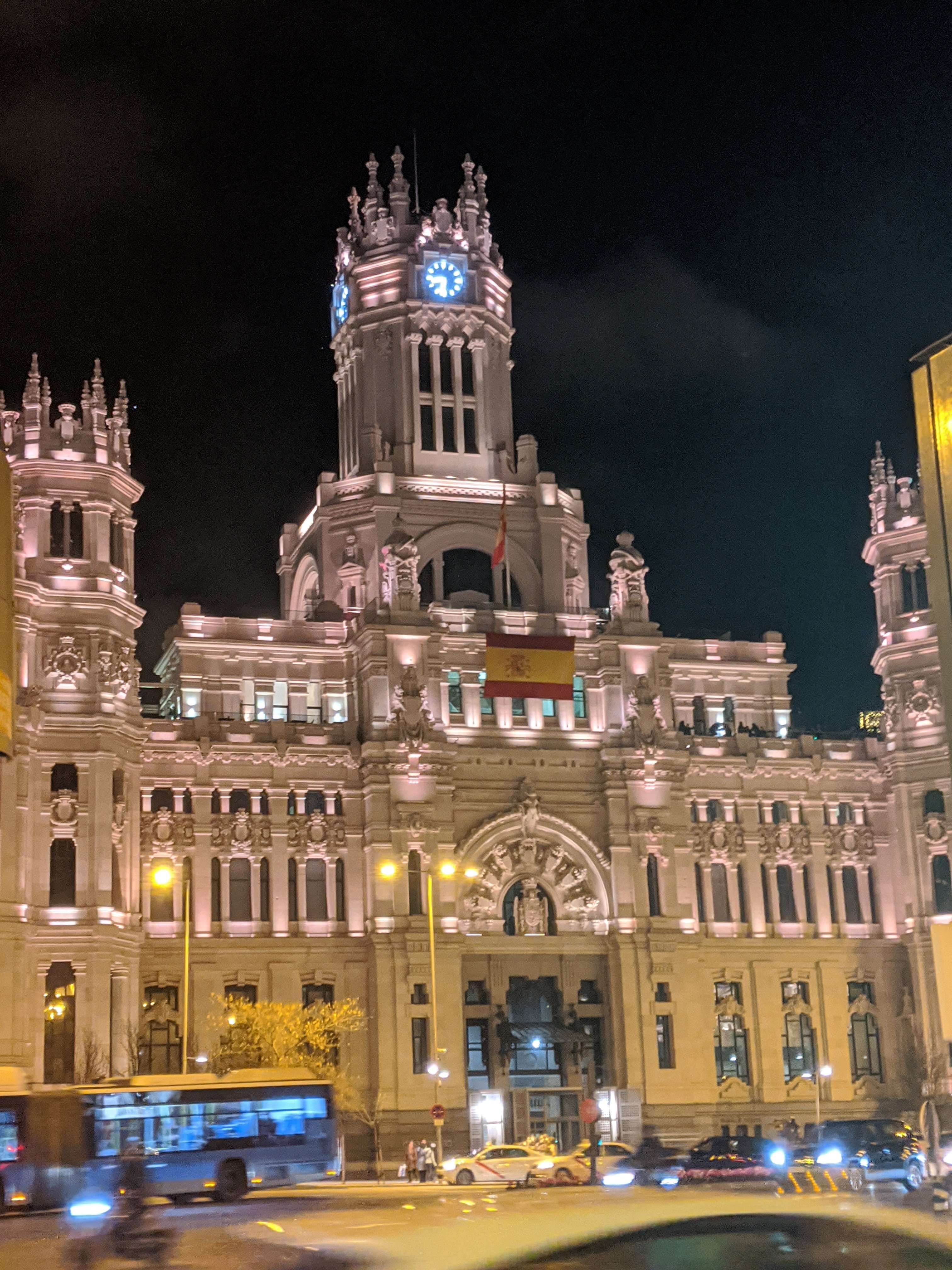 Plaza de Cibeles at night in downtown Madrid
