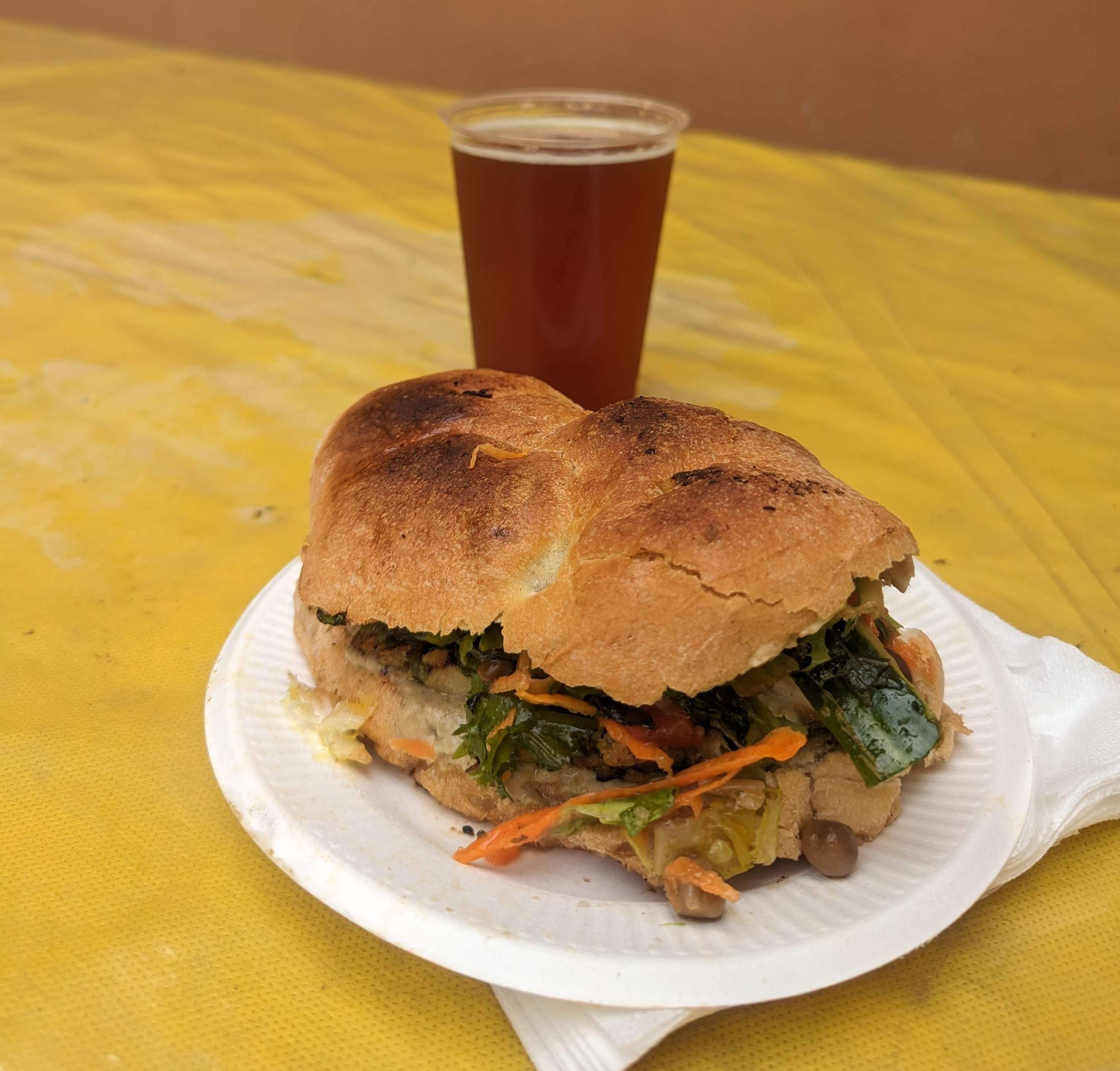 A sandwich and beer from a market in Rome, Italy.