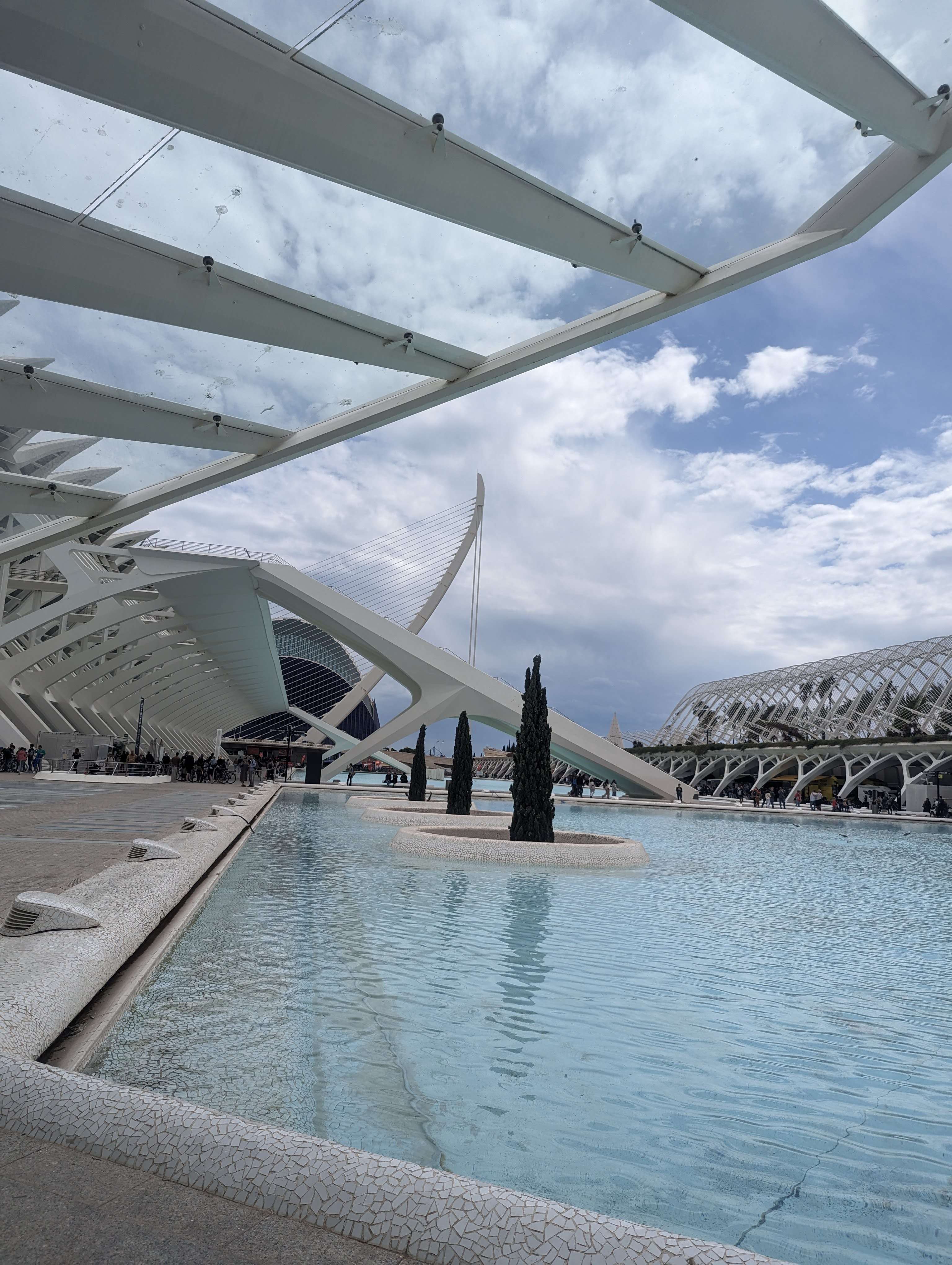 A view of the Ciudad de les Arts i les Ciencies, which has a large crystal clear pool with trees in the middle and white architecture structures surrounding.