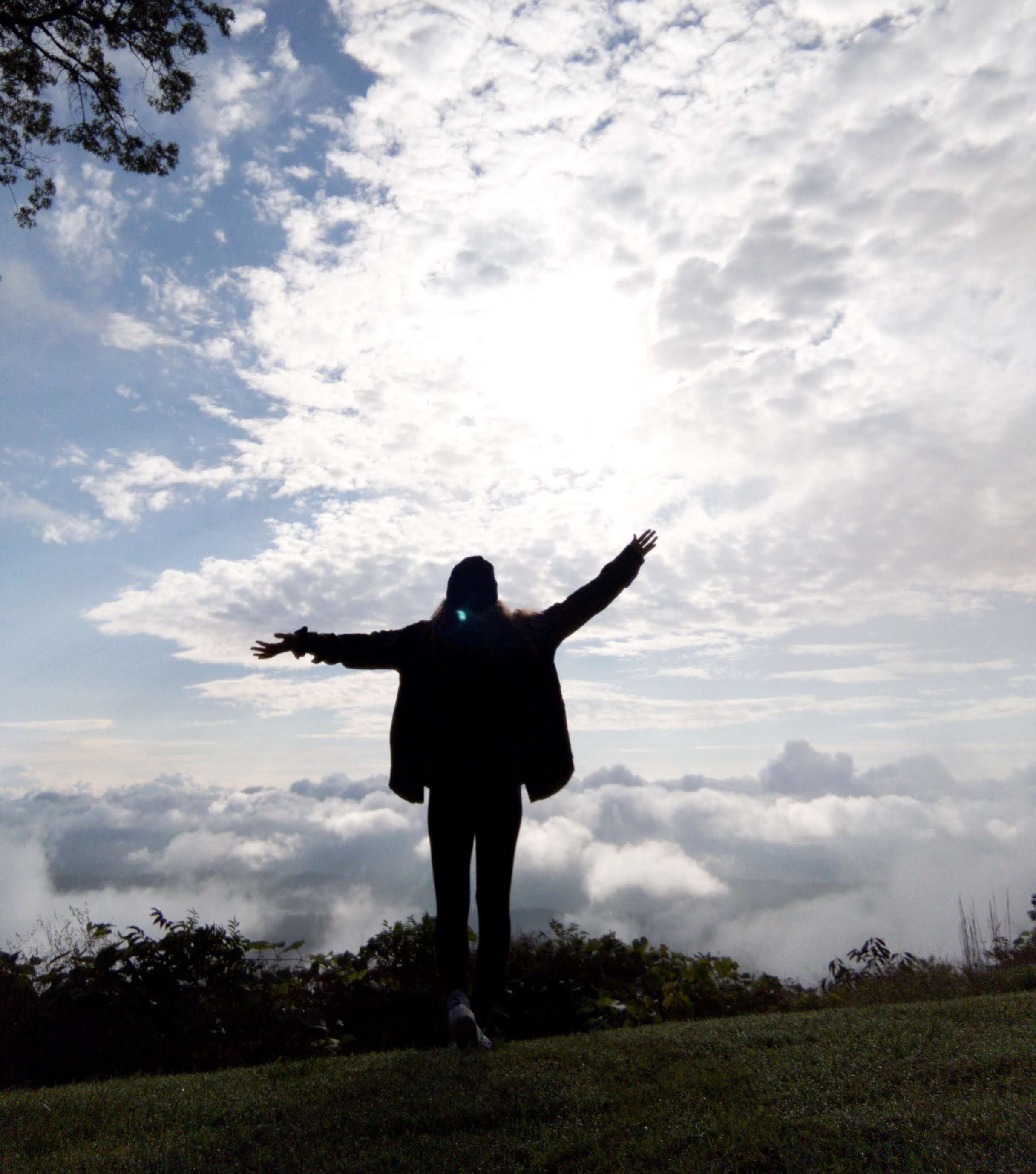Me (Traveler Liz) standing on the top of a mountain above the clouds with my arms raised.