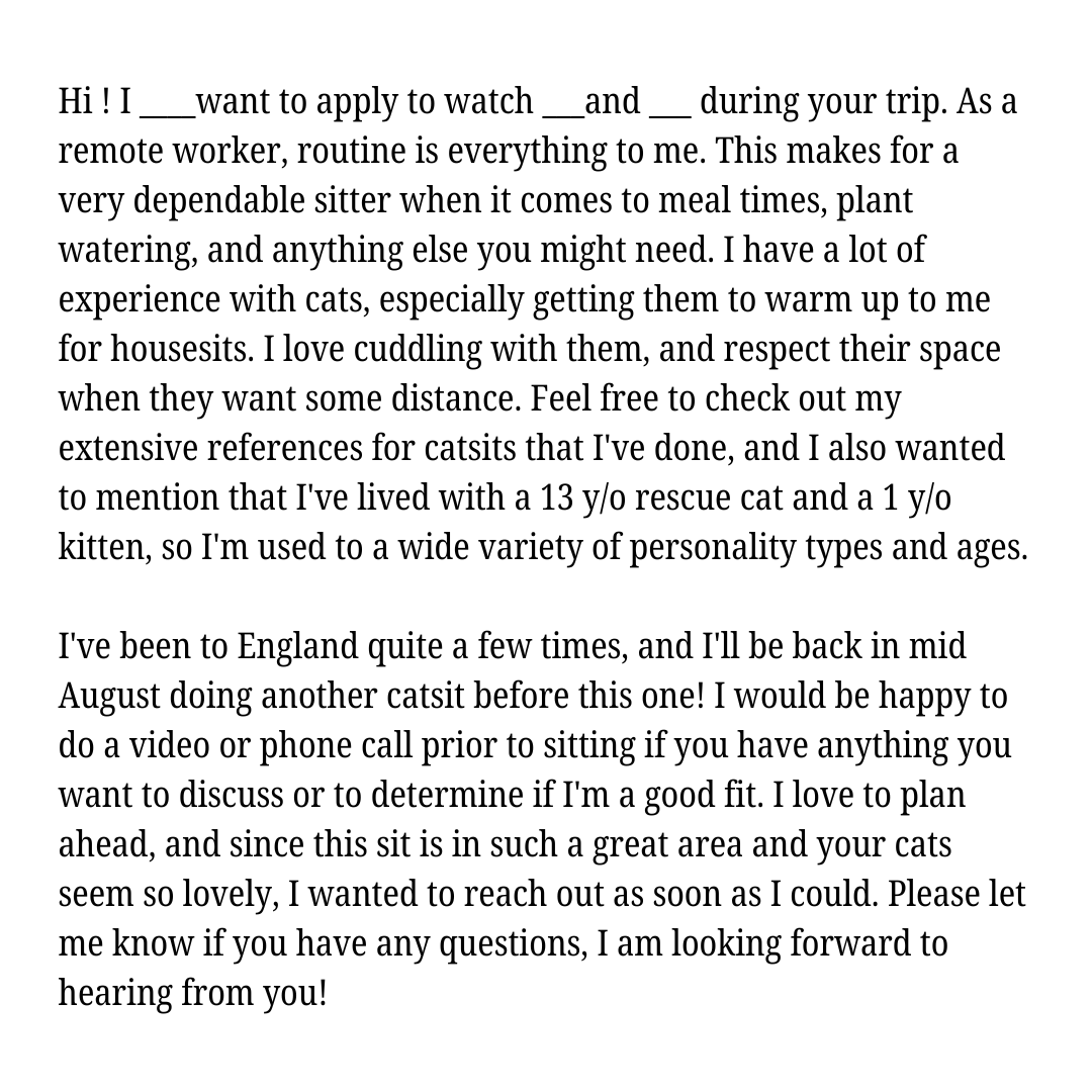 Example of a housesitting pitch.