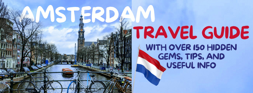 A building in Amsterdam poking through the word "Amsterdam" and a headline explaining the travel guide.