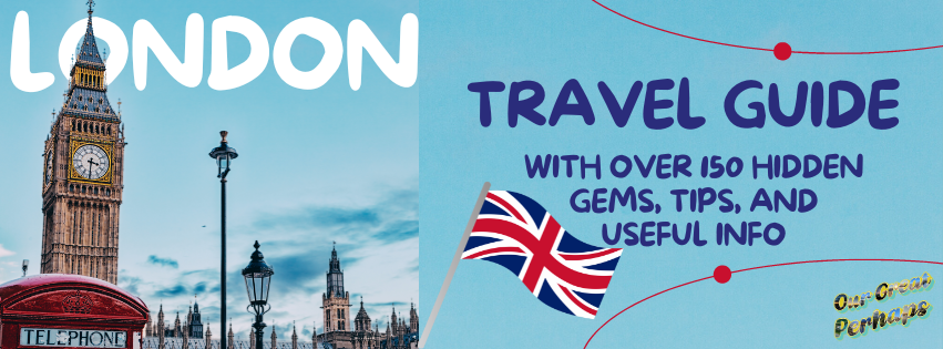 Big Ben pointing through the O in London, and an explanation of the travel guide having over 150 tips and specifics.