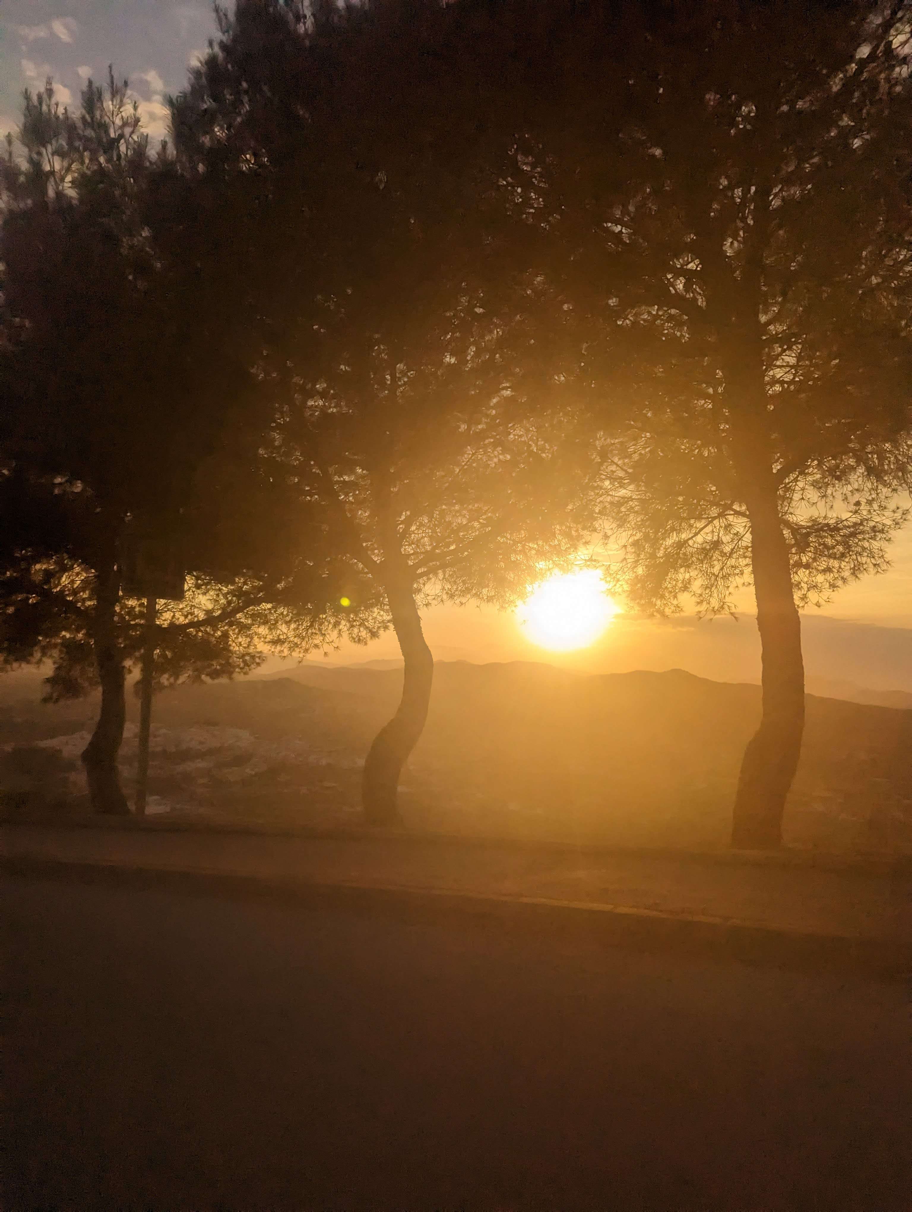The view from an overlook of the sun setting above the mountains with trees in front framing it.