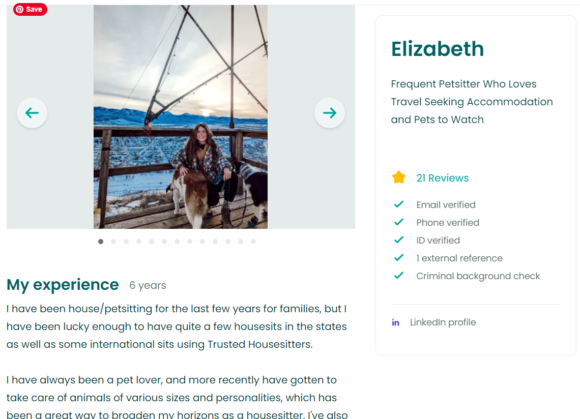 Example of my housesitting profile with Experience listed. The header reads: Frequent petsitter who loves travel seeking accommodation and pets to watch with 21 reviews.