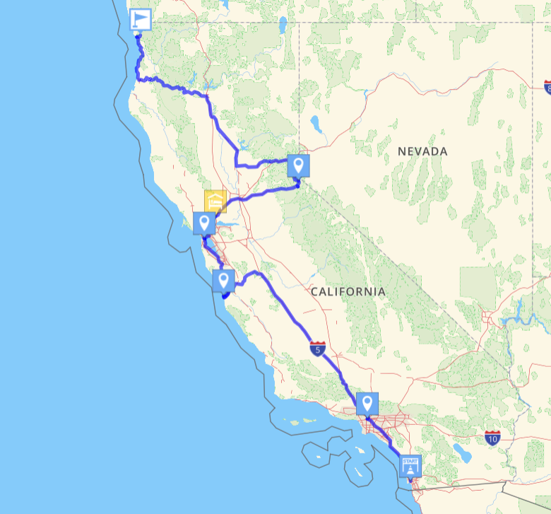 A map visual of the road trip path from San Diego to the Redwoods