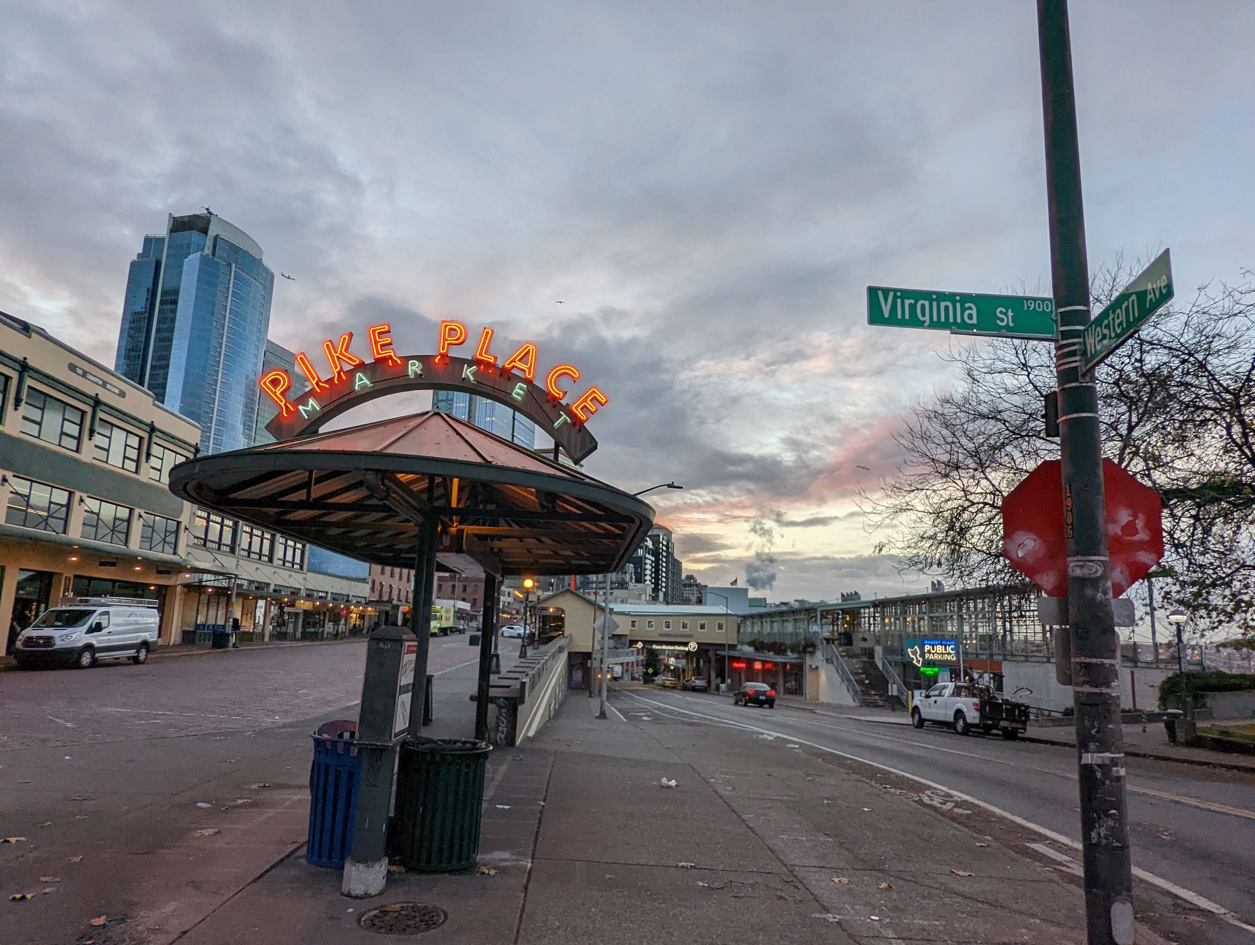 Pike Place Market sign and buildings in the back.