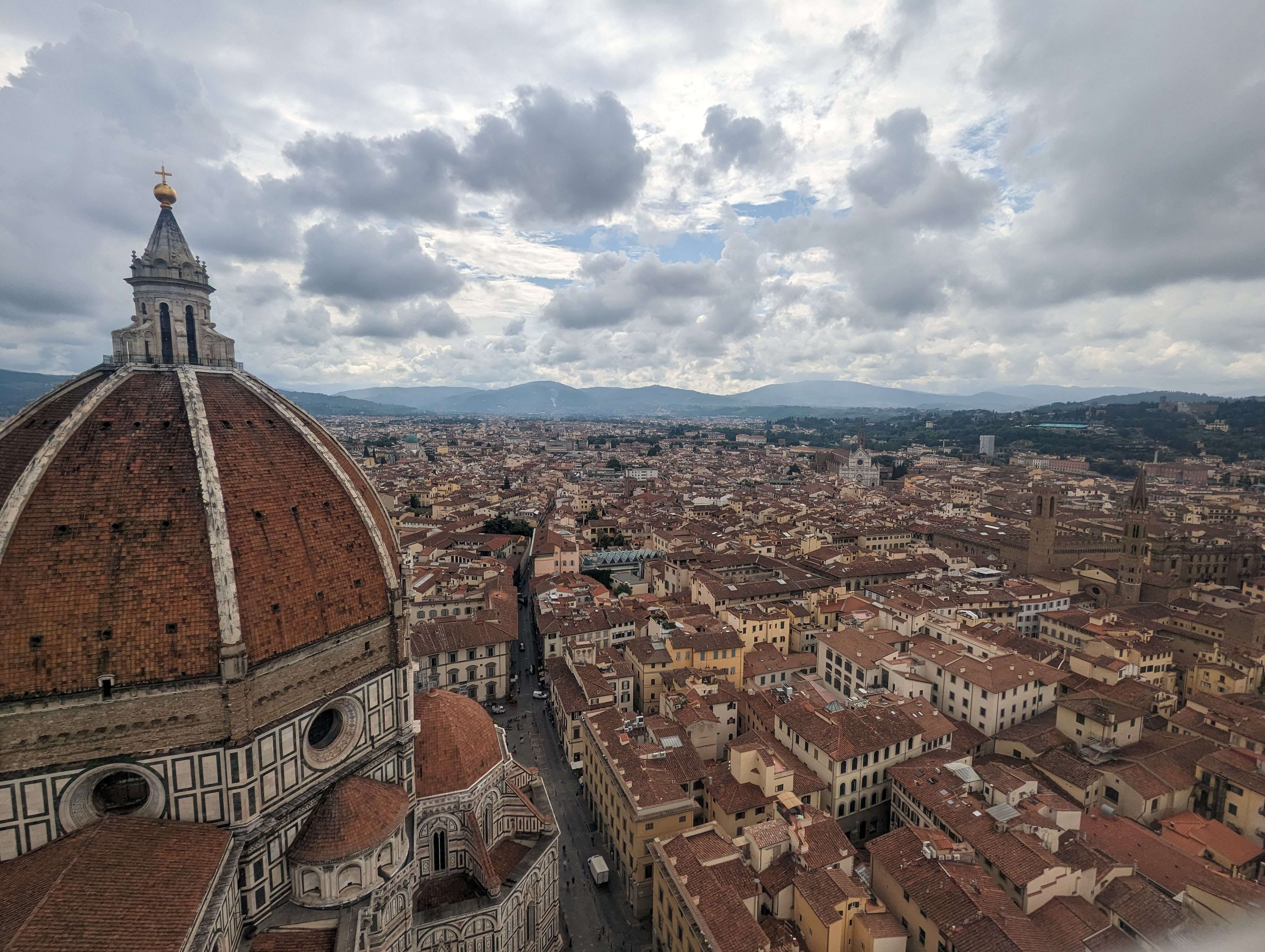 A view from the Campanile of Florence Italy that stretches far.