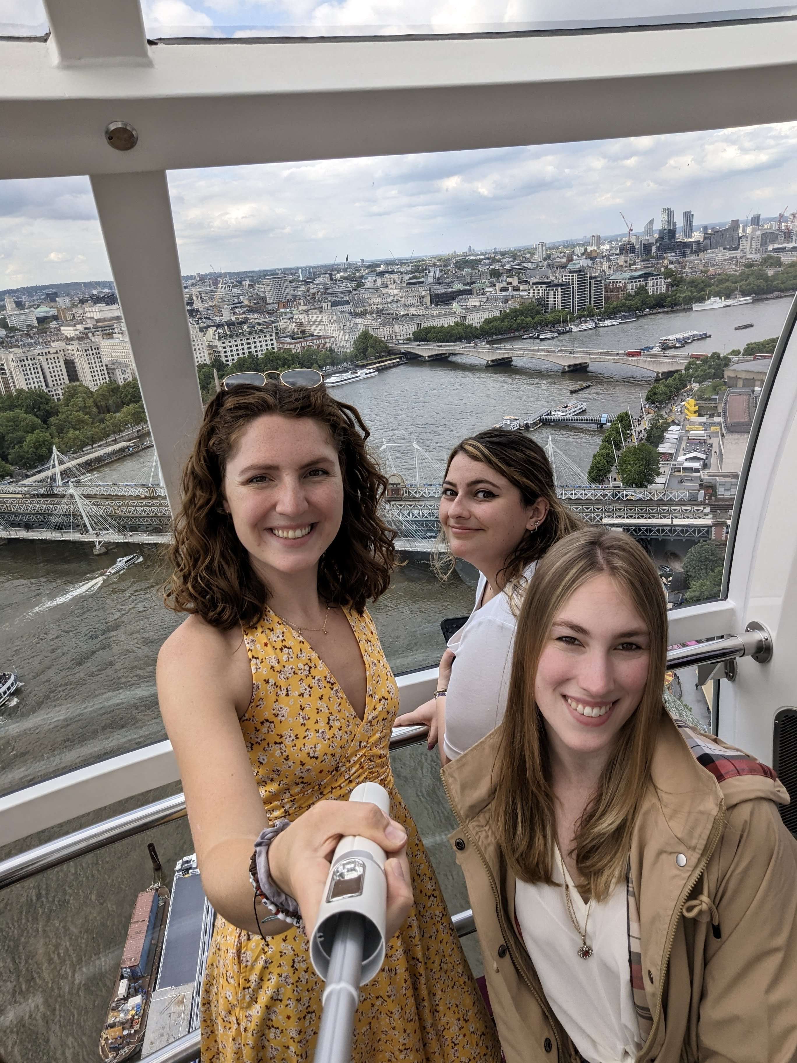 Me (Traveler Liz) and friends taking pictures in the London Eye