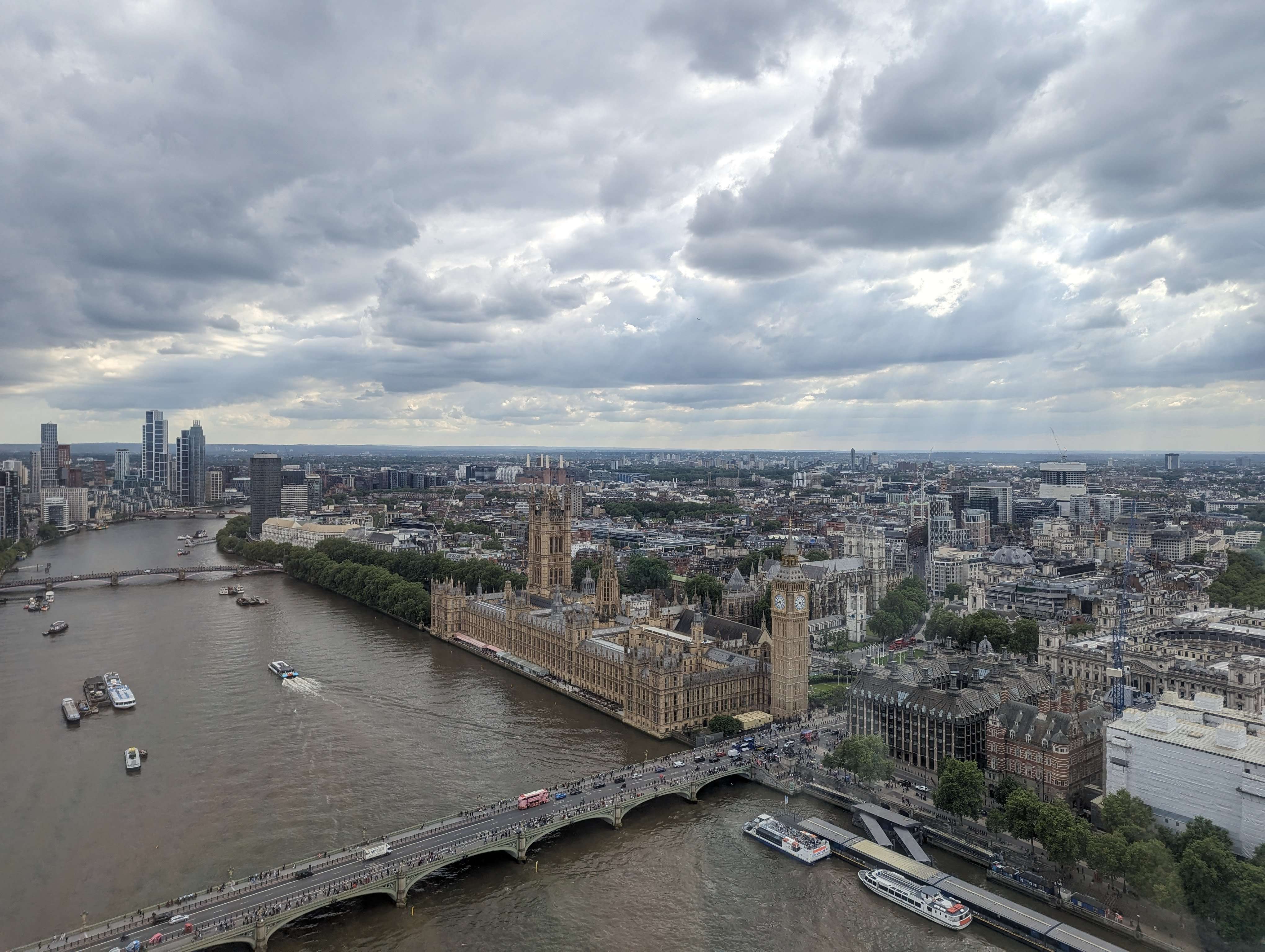 View of London from the top of the London Eye ferris wheel.