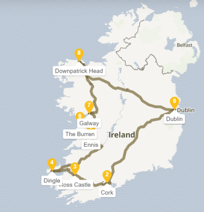 Map of the Ireland road trip route