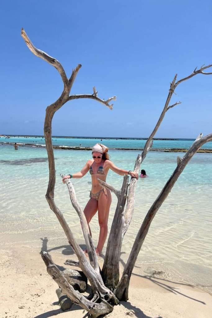 Traveler Liz standing behind driftwood in the shallow turquoise water at Baby Beach in Aruba, with clear skies and calm waves in the background.