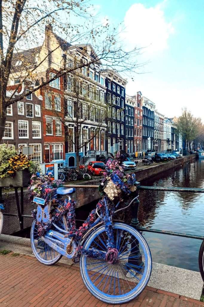 Decorated blue bicycle covered in flowers parked on a bridge beside an Amsterdam canal, with classic narrow canal houses and calm water in the background on a bright day.