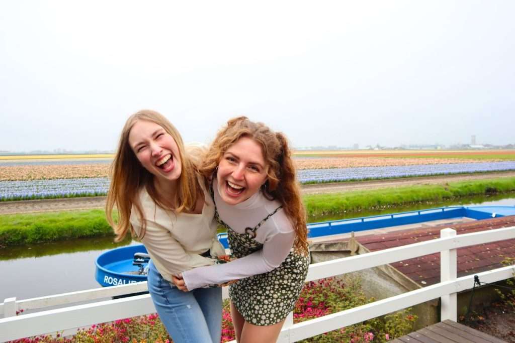Liz and Amy in front of the tulip fields in the Keukenhof garden in the Netherlands.