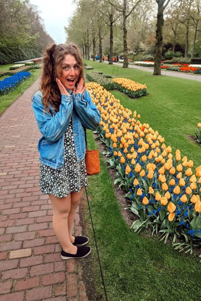 Liz at Keukenhof looking at the tulips