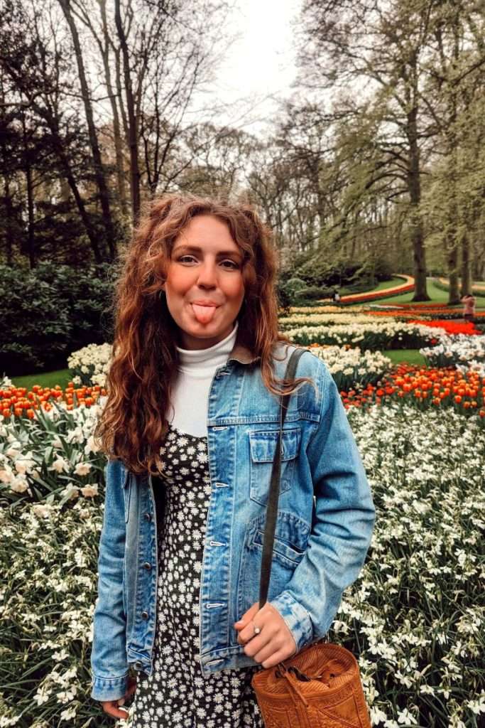 Liz dressed in layers at Keukenhof so she's ready for all types of weather.