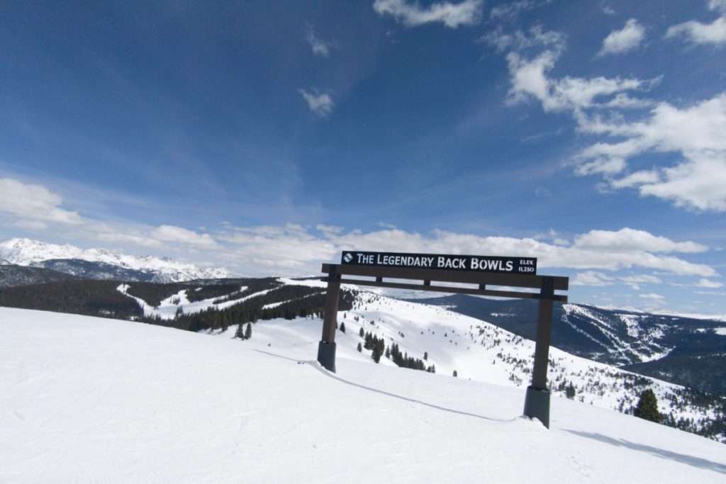 The legendary back bowls sign at the top of Vail Mountain ski resort.